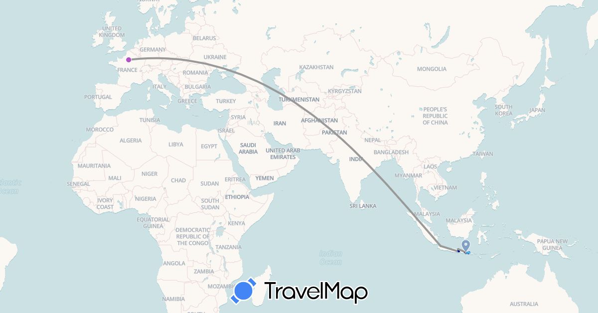 TravelMap itinerary: driving, plane, cycling, train, hiking, boat, motorbike in France, Indonesia (Asia, Europe)